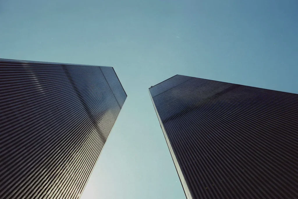 Ground view of the twin towers