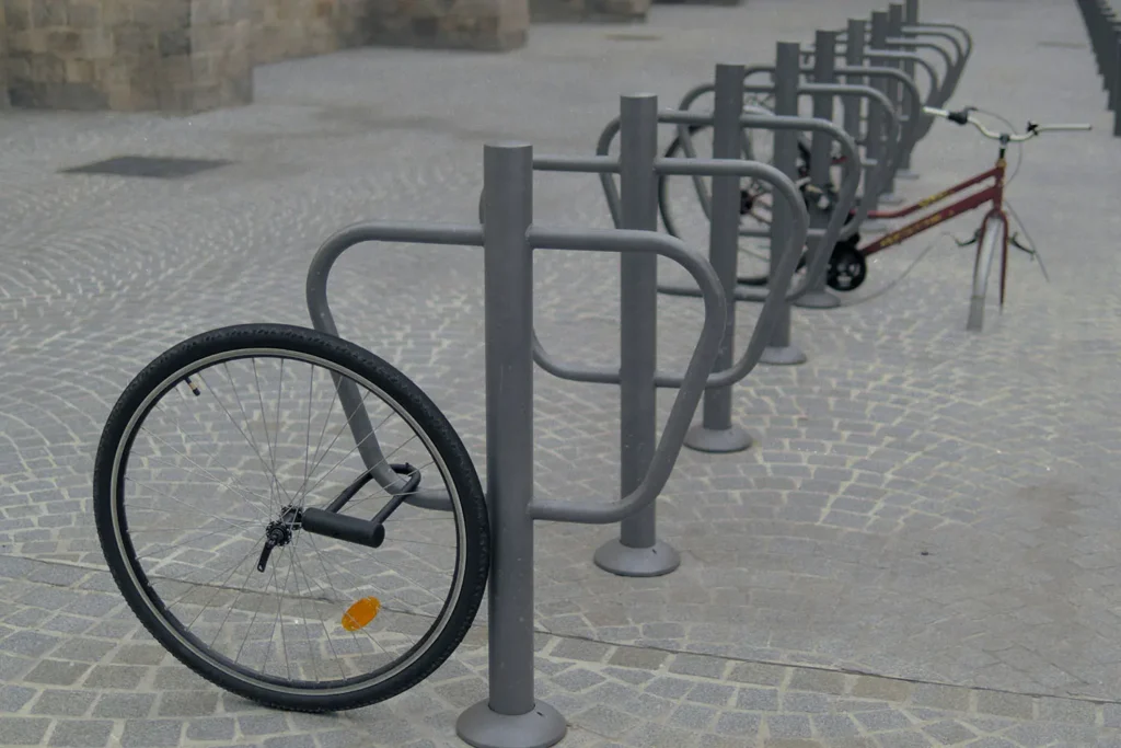 Wheel attached to a bike rack