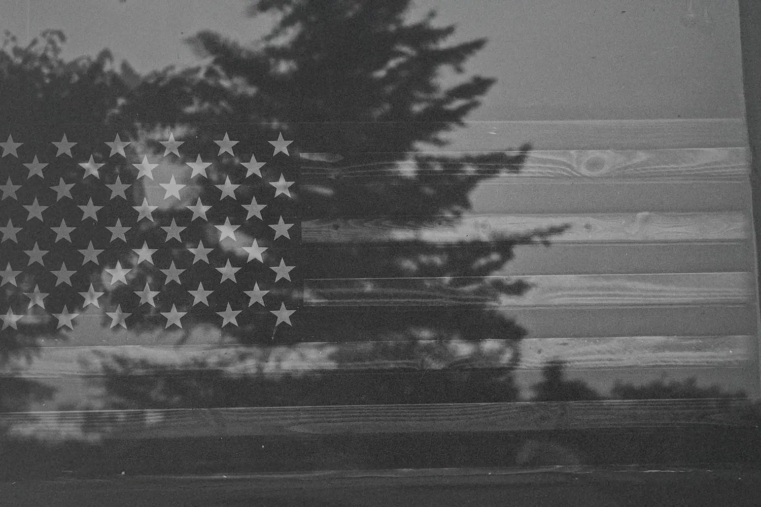 Transparent American flag in front of a background of trees