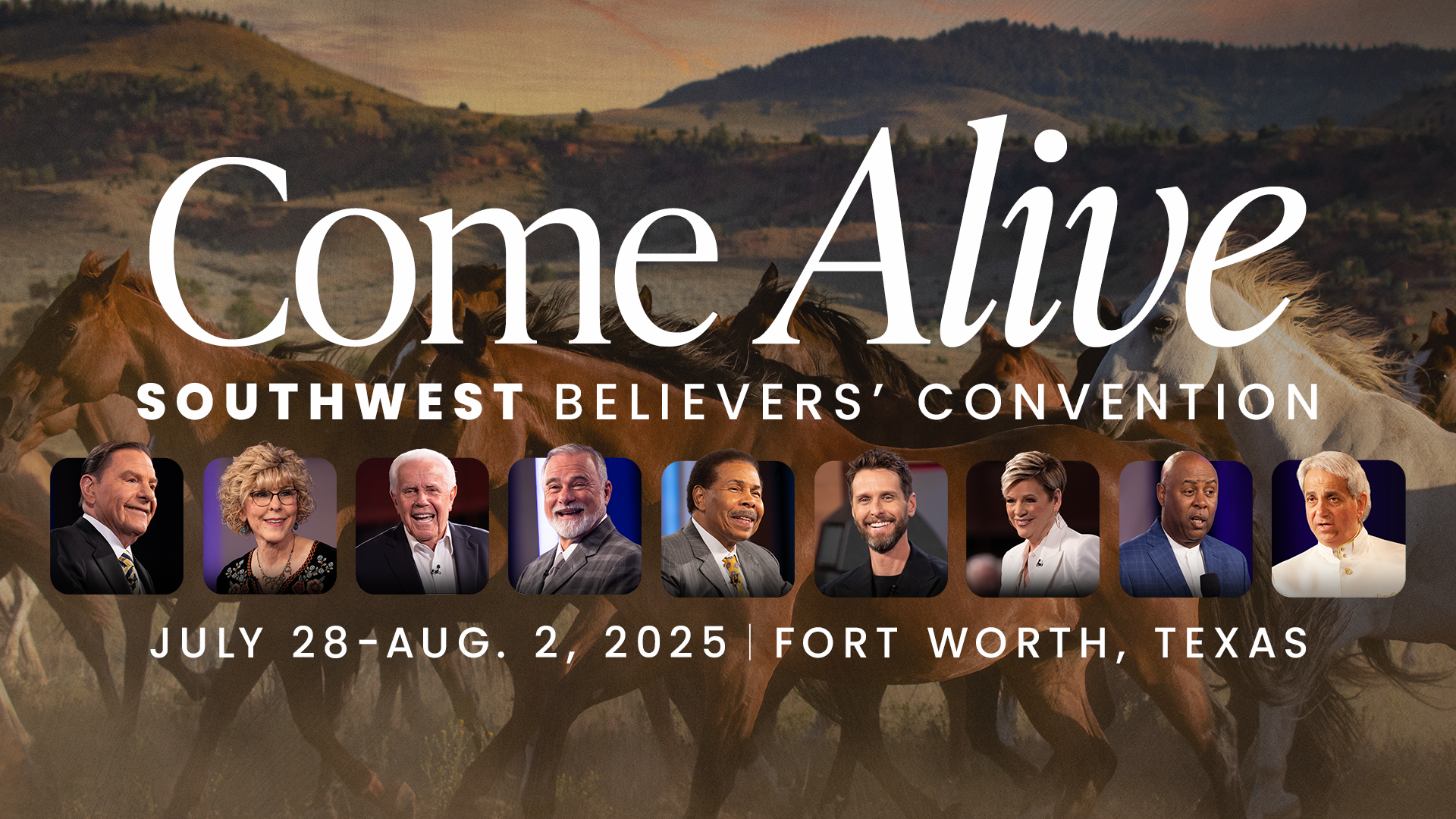 Come Alive at the Southwest Believers' Convention with all 12 speakers in horizontal alignment
