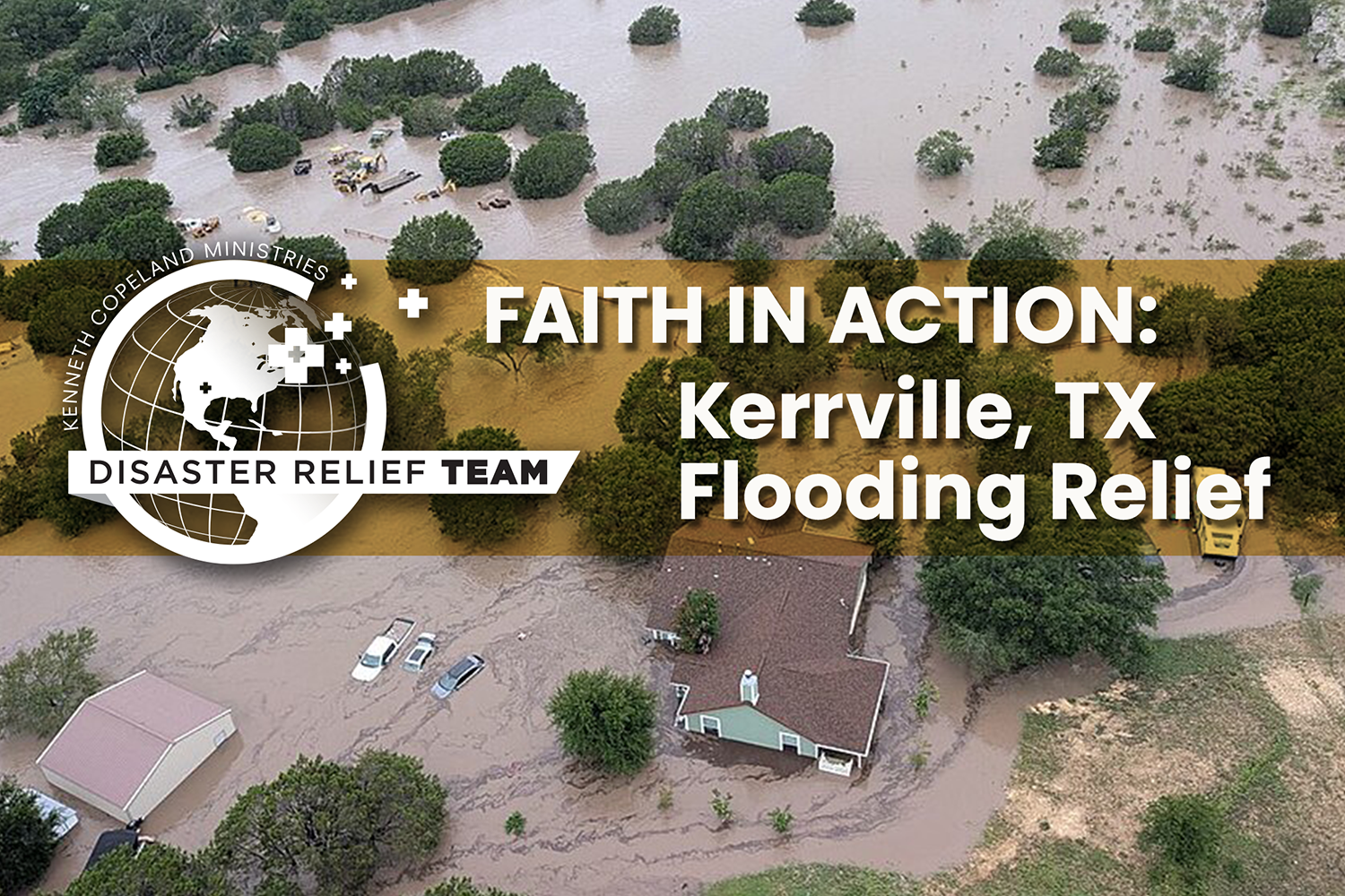 An aerial view of flooding damage in Kerrville, Texas, along the Guadalupe River.