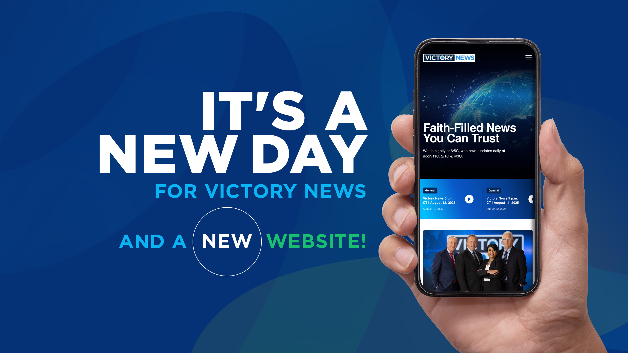 Man holding a phone showing a website from Victory News