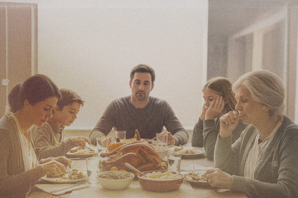 Dining table set with turkey and sides as relatives gather, a moment that reflects classic Family Drama during festive meals.