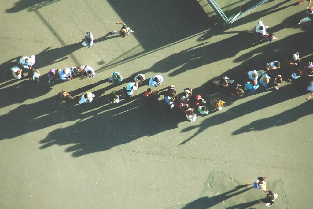 Aerial view of people standing in line