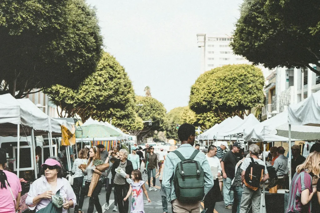 Person walking through crowded street market