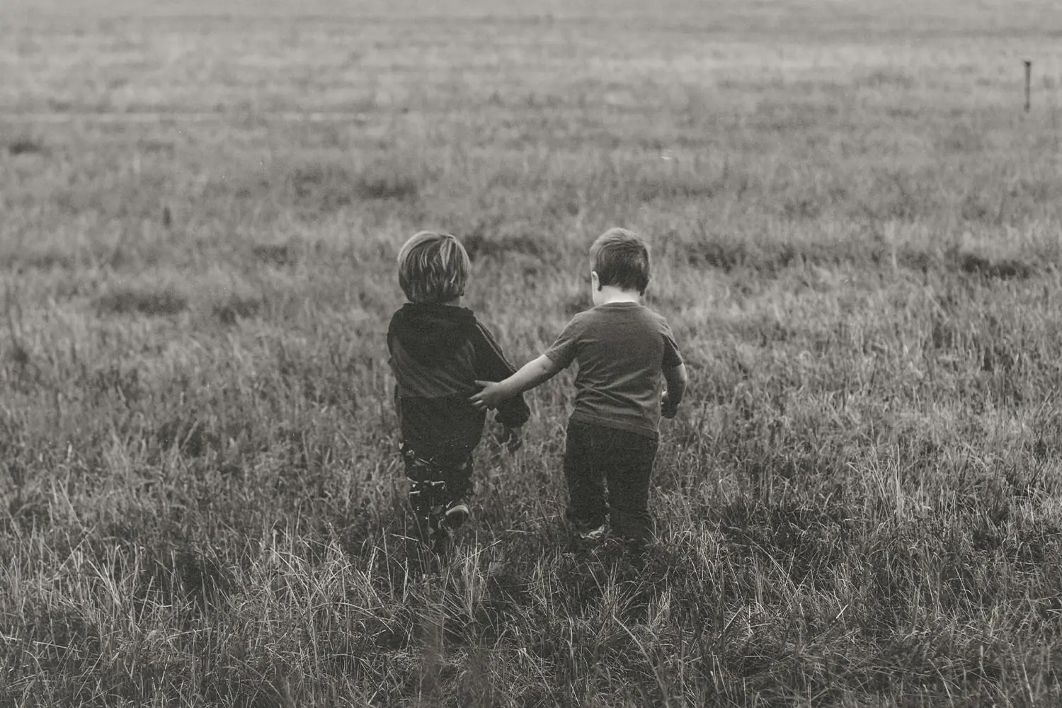 Two kids walking through a field