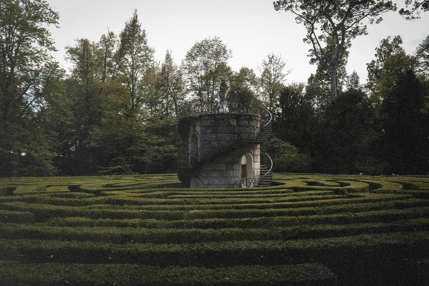 Stone tower in the middle of a maze