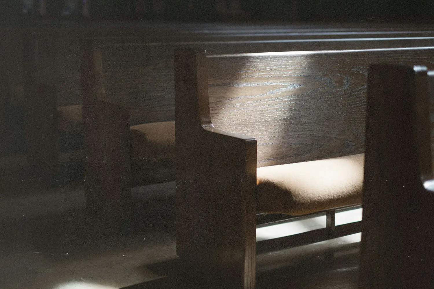 Rows of wooden church pews