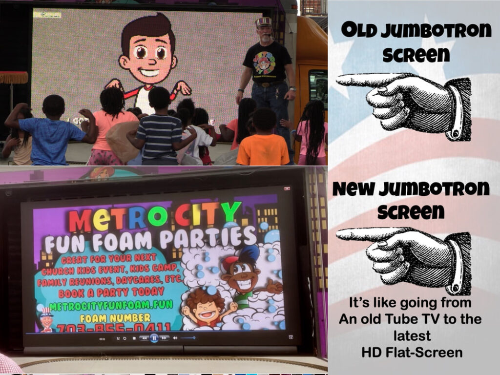 Collage showing Metro City Kids sidewalk kids church with children watching videos on a truck’s Jumbotron, plus a graphic comparing the old screen to the new upgraded screen.